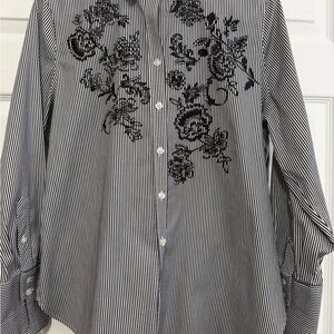 Chico's Monochrome Striped Button-Down with Floral Embroidery